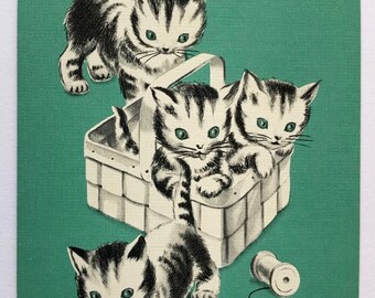 Vintage Kitten in sweater with Flower Basket Notecard By Sangamon Unused