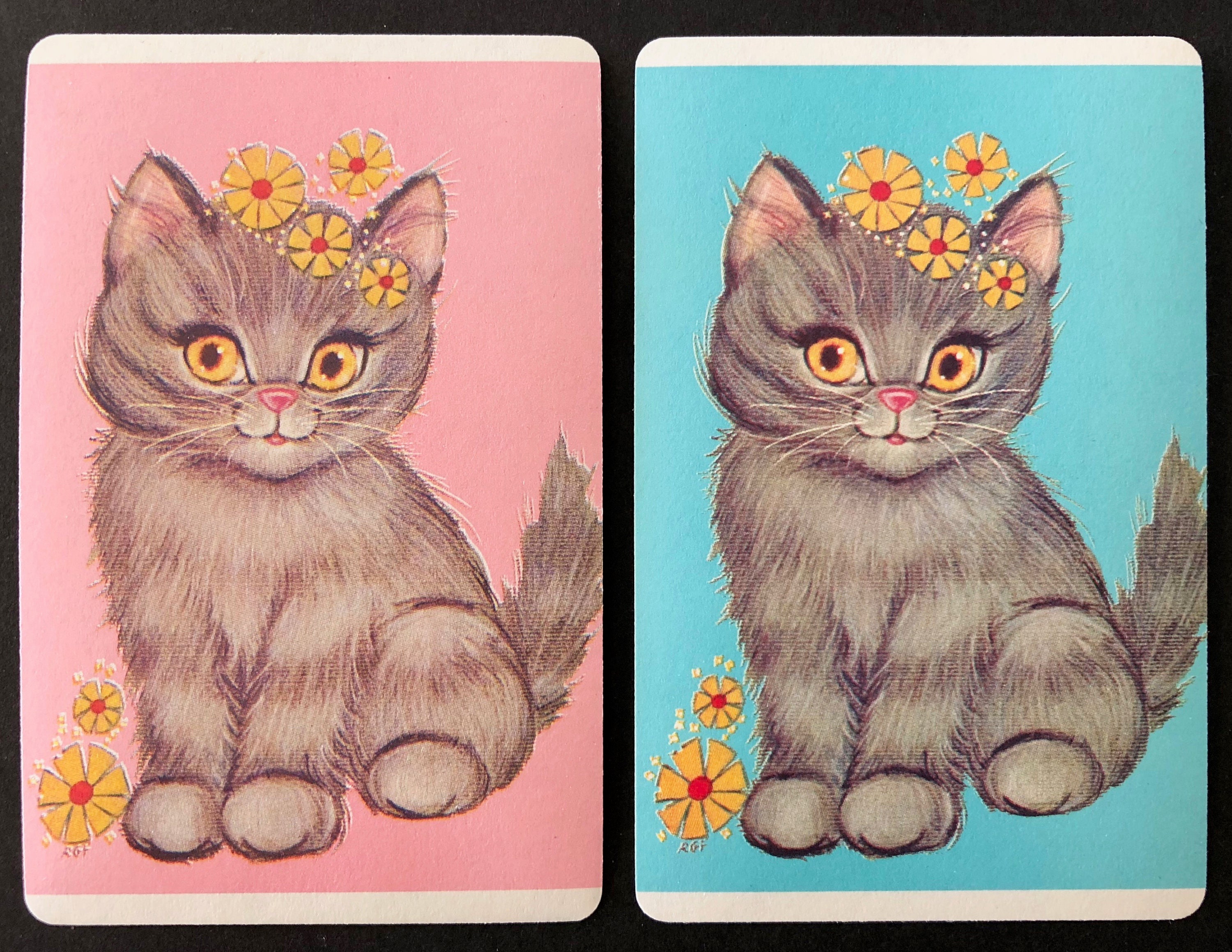 Young Girl Lady Sewing Kitten Cat Pet SINGLE VINTAGE 1970s Blank Back Swap Card 