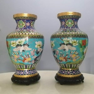 Pair Chinese vases in 15&quot; high cloisonnè (cm 38) floral decoration and herons with wooden base