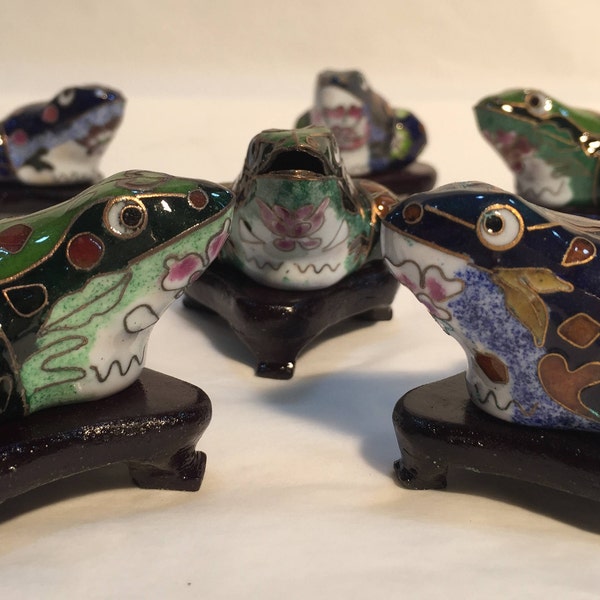 Frog in blue or green Chinese cloisonnè with wooden base
