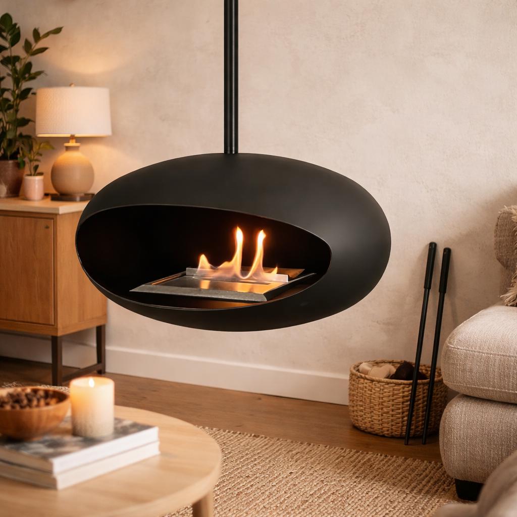 Modern Hanging Bio Ethanol Fireplace - Ceiling Mounted, Sleek