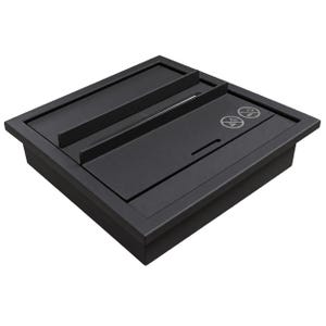 May include: A matte black square floor outlet box with a hinged cover. The surface features two rectangular compartments, a narrow slot, and two circular icons indicating no water or debris, designed for recessed installation in a floor or desk surface.