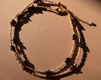 KAIA • Garnet & Indonesian glass beads • crystal waist beads • body jewelry  • bohemian style • belly chain • unique • feminine