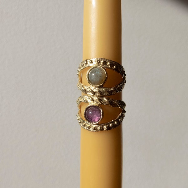 HAMA • Amethyst & Labradorite • adjustable ring - brass - bohemian crystal ring - conscious jewelry - handmade - healing crystals