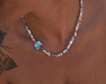 ANAT • unique necklace with genuine gemstones, heishi shell beads, freshwater pearl & paua abalone shell