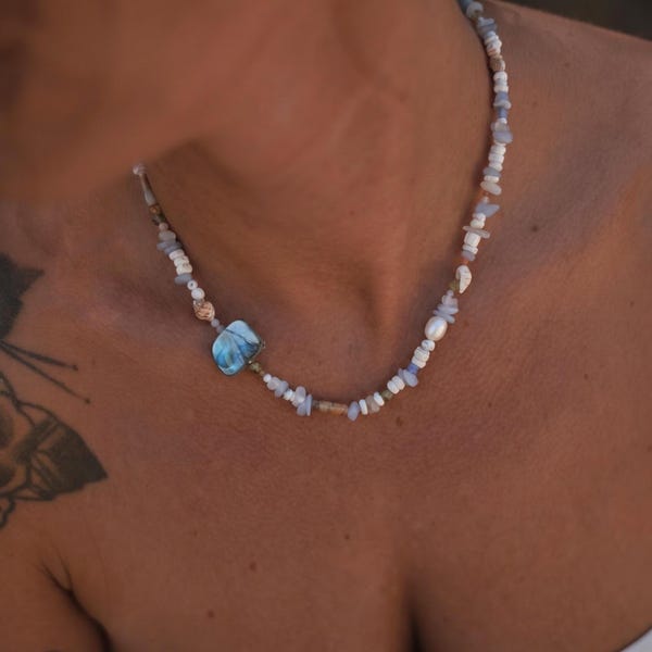 ANAT • unique necklace with genuine gemstones, heishi shell beads, freshwater pearl & paua abalone shell