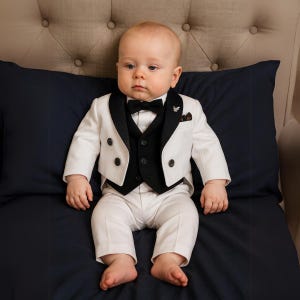Baby Jungen Frack schwarz weiß Frack Anzug - 5 Teilige Jungen Frack für Hochzeit, Geburtstag, Taufe - Neugeborene bis Kleinkindalter Slim Fit