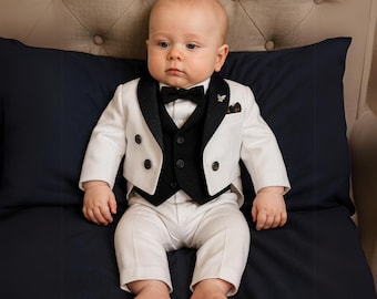 White Tailcoat Suit for Baby Boy, Handmade 1st Birthday and Ring Bearer Outfit