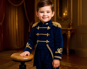 May include: A young child in a navy blue velvet suit with gold trim and epaulettes. The suit has gold buttons and decorative embroidery. The child is smiling and standing next to a small wooden stool.