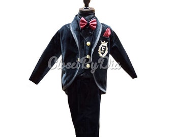 Boys 5 Piece Slim fit Black Velvet Tuxedo Suit Wedding wear, Party wear First Birthday Boy Suit, Toddler to Teen Suits