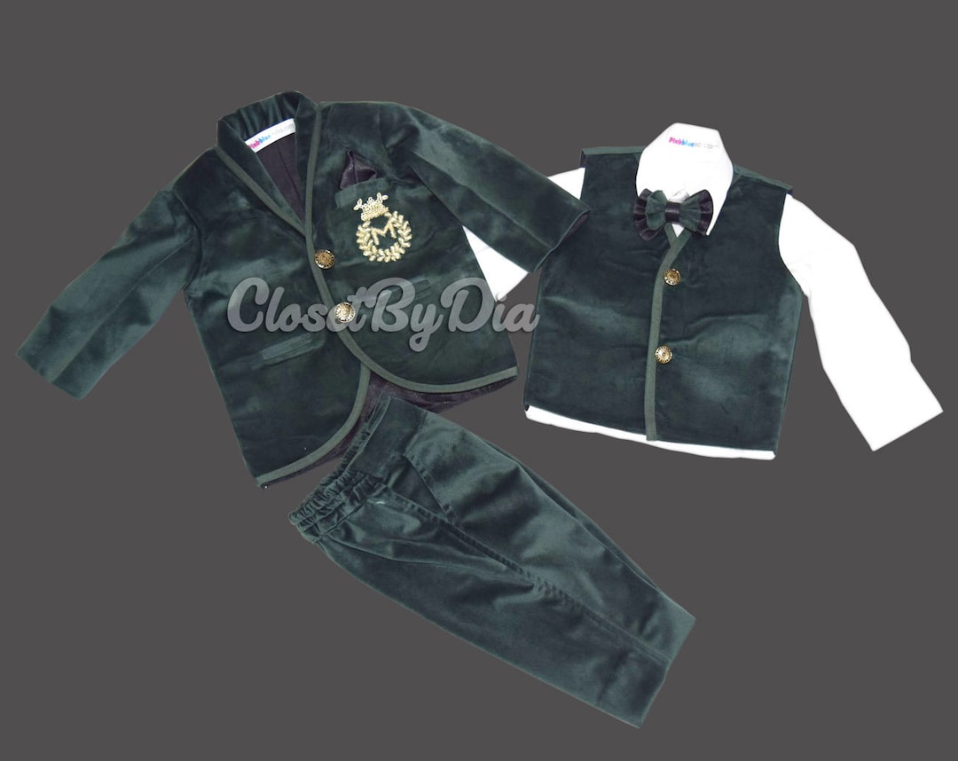 Boys Velvet Suit, Green Baby to Teen 5 Piece Party Suit, Wedding Boy Suit, First Birthday Boy
