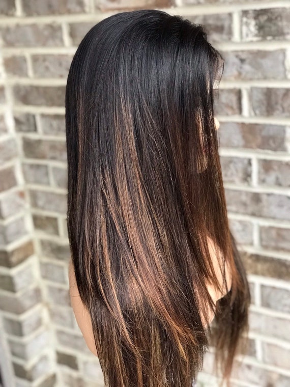 Full lace womens wig, black 1b, subtle caramel balayage highlights, 130% density, highlighted wig, black hair, straight hair