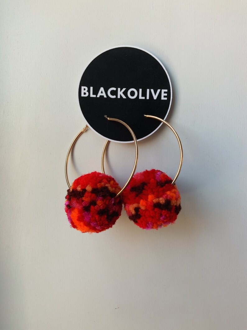 Multicolored Red and Orange pom pom earrings Etsy