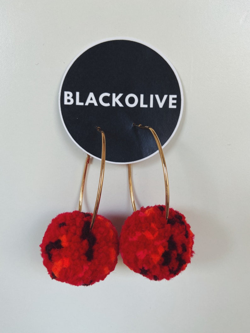 Multicolored Red and Orange pom pom earrings Etsy