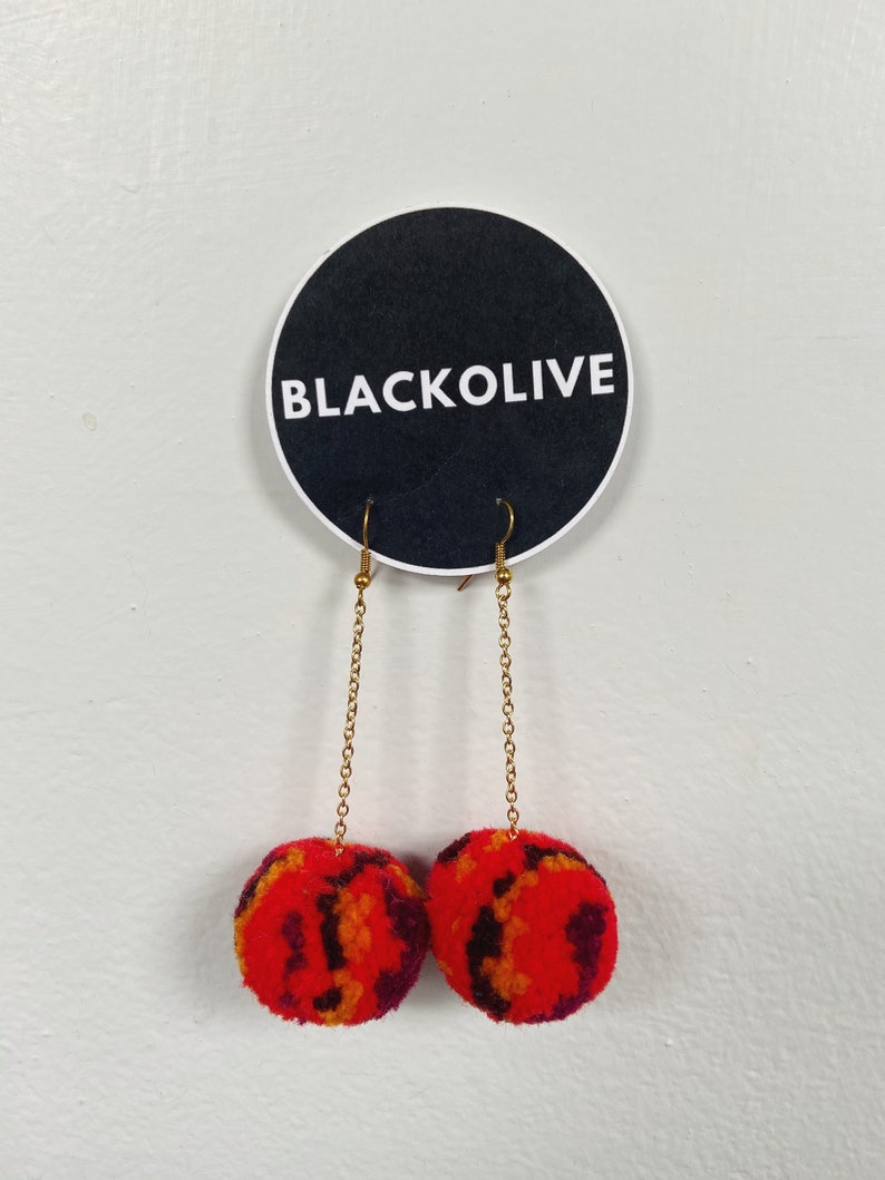 Multicolored Red and Orange pom pom earrings Etsy
