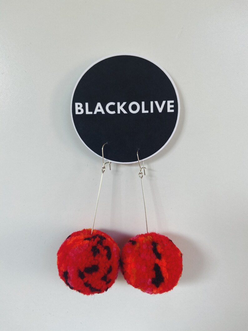 Multicolored Red and Orange pom pom earrings Etsy