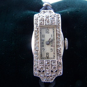 1920s Deco Ladies White gold & 54 Diamonds Watch Works jeweler cleaned W/CASE image 2