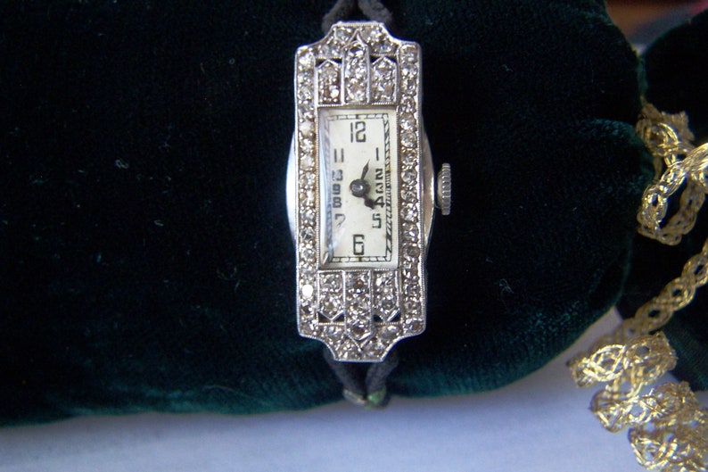 1920s Deco Ladies White gold & 54 Diamonds Watch Works jeweler cleaned W/CASE image 1
