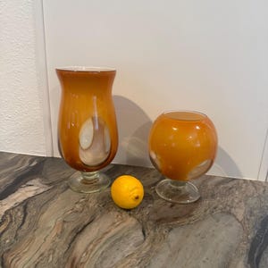 Set of Vintage Heavy Glass Vases Orange with Clear Glass Circles 1960s