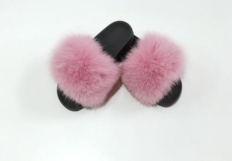 SL Mini Fluffy Slides Name Mimosa Fluffy Color Pink Fox Fur Slippers Fashion Sandals