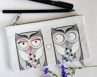 Owls fabric wallet gray zip purse for friend Mother Day gift Valentine's Day