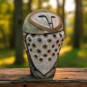 Könnte beinhalten: Handgefertigte Keramik-Eulen-Skulptur in Weiß und Braun. Die Eule hat ein detailliertes Gesicht und einen Körper, der mit braunen Punkten verziert ist. Die Skulptur steht auf einer Holzoberfläche, mit einem verschwommenen Waldbild im Hintergrund.