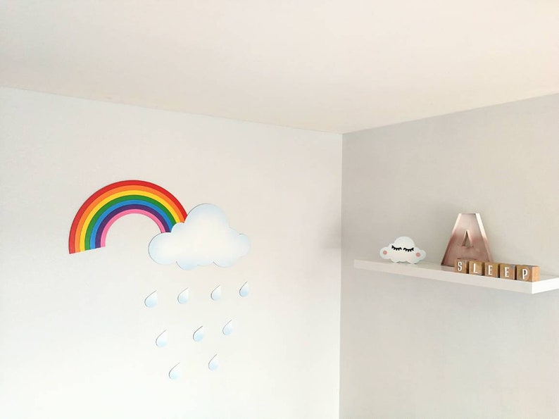 Large Laser Cut Rainbow Clouds Raindrops Bright Or Pastel Stick On Removable Childrens Baby Nursery Wall Decor Spray Painted Mdf