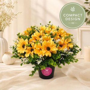 Artificial Grave Pot Flowers | Yellow Daisy Memorial Flowers | Compact 25cm Cemetery Pot. Weighted and Weather Resistant.