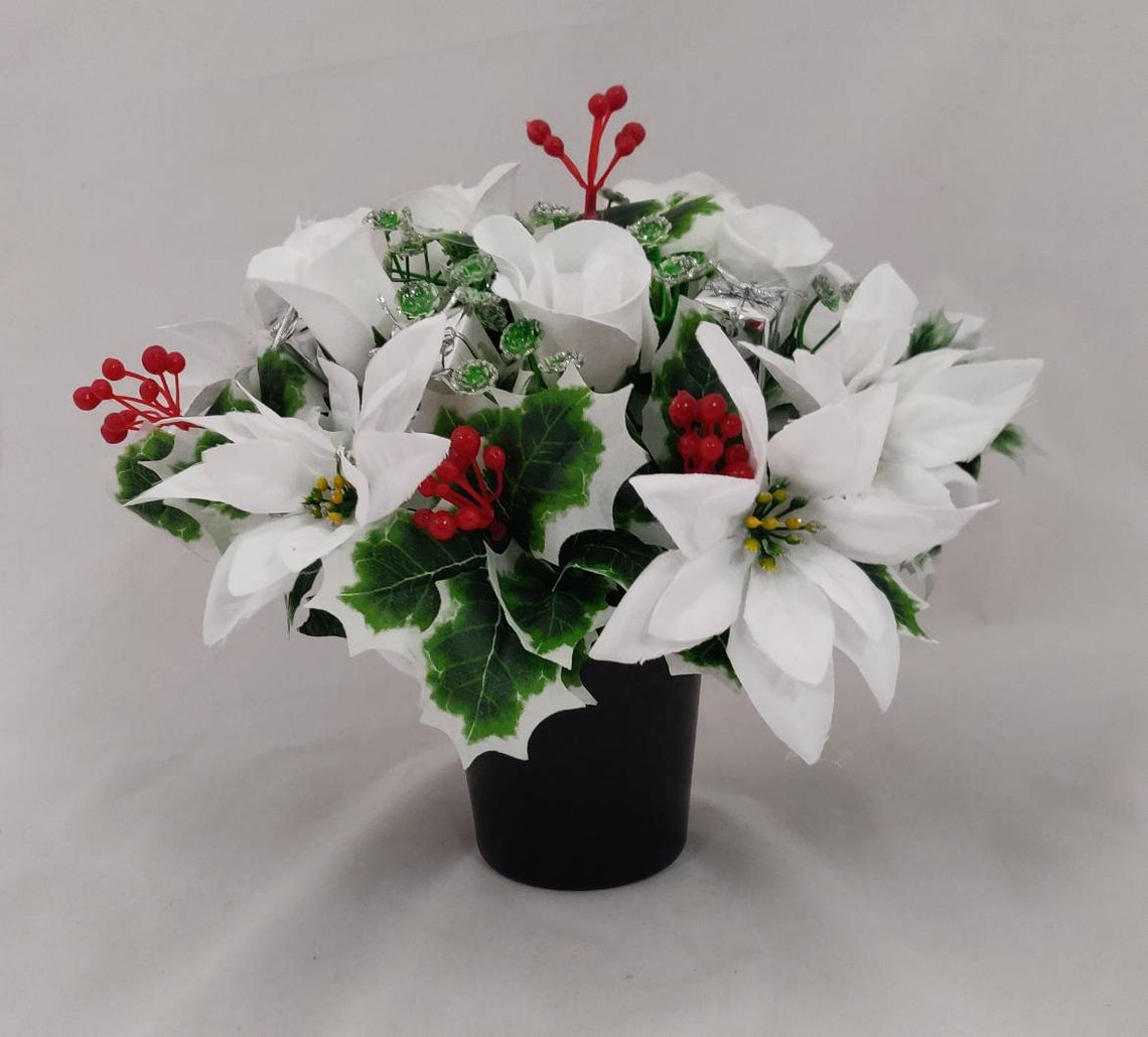 Christmas Grave pot with flowers. Artificial Flowers for grave Etsy