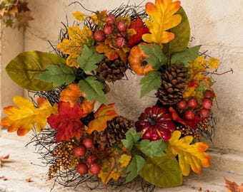 Autumn Wreath 16 Inch | Fall Home Decor | Pumpkin, Pinecone & Autumn Leaf Wreath | Rustic Seasonal Door or Wall Decoration