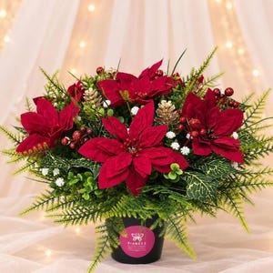Large Christmas Grave Pot – Red Velvet Poinsettia Artificial Memorial Flowers – Weighted Graveside Arrangement 36cm