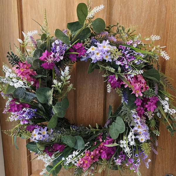 Spring Summer Floral Wreath 55cm | Pink Purple Door Wreath | Large Artificial Flower Wreath | Front Door Decor | Year Round Home Decoration