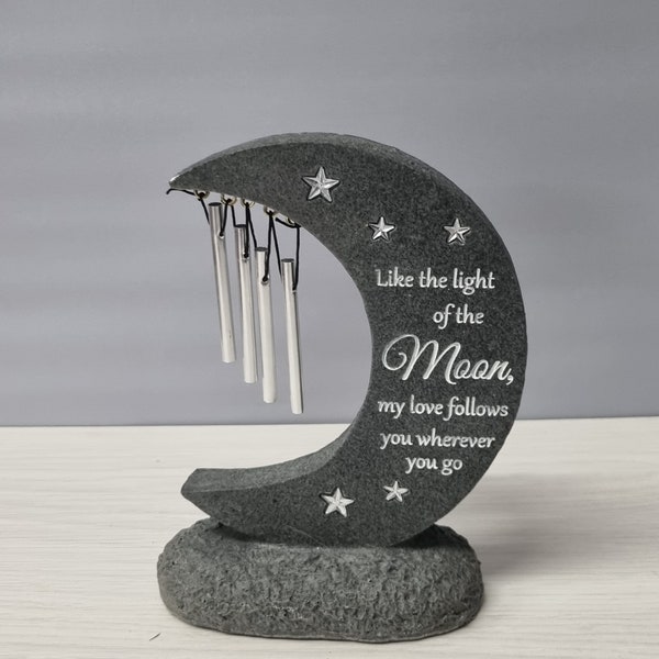 Moon and stars memorial windchime for Grave cemetary crematorium. Grey stone effect.