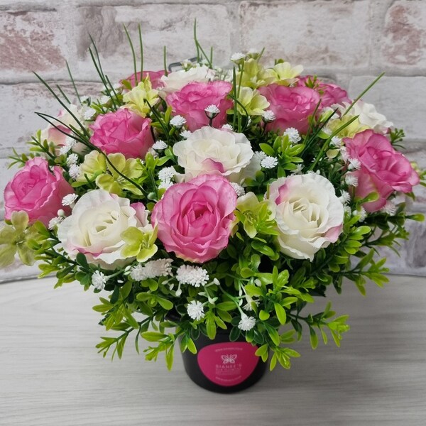 Grave pot with flowers. Artificial Flowers for grave side cemetery, memorial. Pink and Ivory roses. Weighted pot.