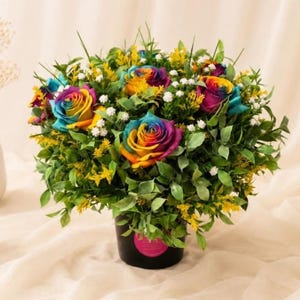 Large Weighted Bright and Colourful Rainbow Rose Grave Flowers in Pot – Memorial Arrangement for Cemetery, Graveside. Weather Resistant.
