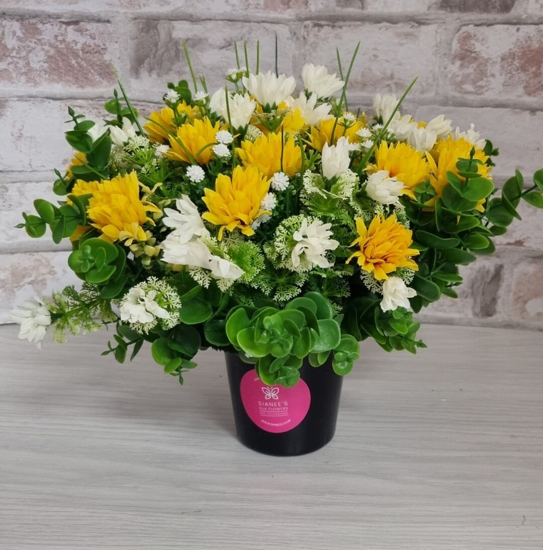 Grave Pot With Flowers. Artificial Flowers for Grave Side Cemetery