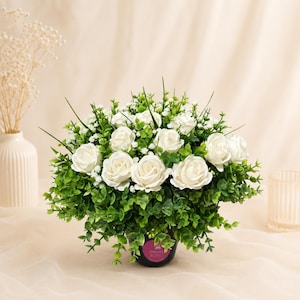 Large Weighted Artificial White Rose and Eucalyptus Grave Flowers –Large Memorial Arrangement, Weather Resistant Cemetery Pot.