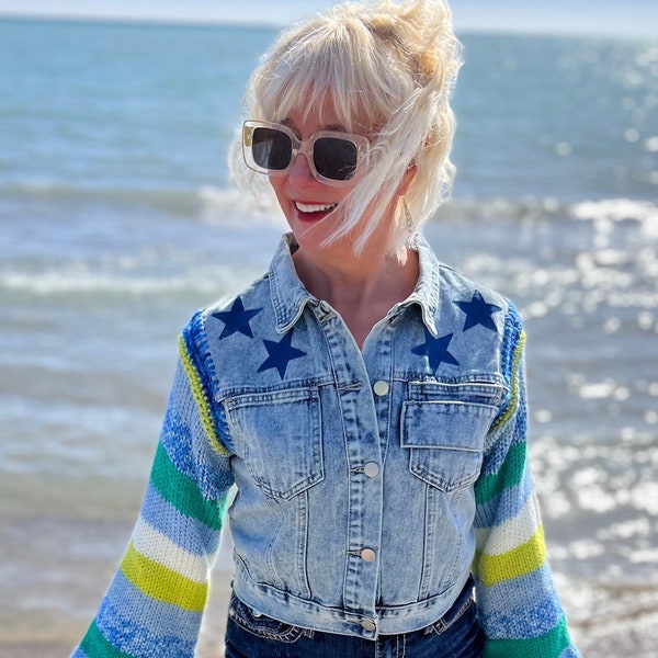 Star-Studded Denim Jacket - upcycled with handmade knit sleeves, refashioned new jean jacket with vibrant striped sleeves, crochet details