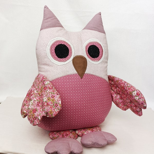 Doudou chouette rose, peluche hibou, jouet en chiffon, idée cadeau naissance