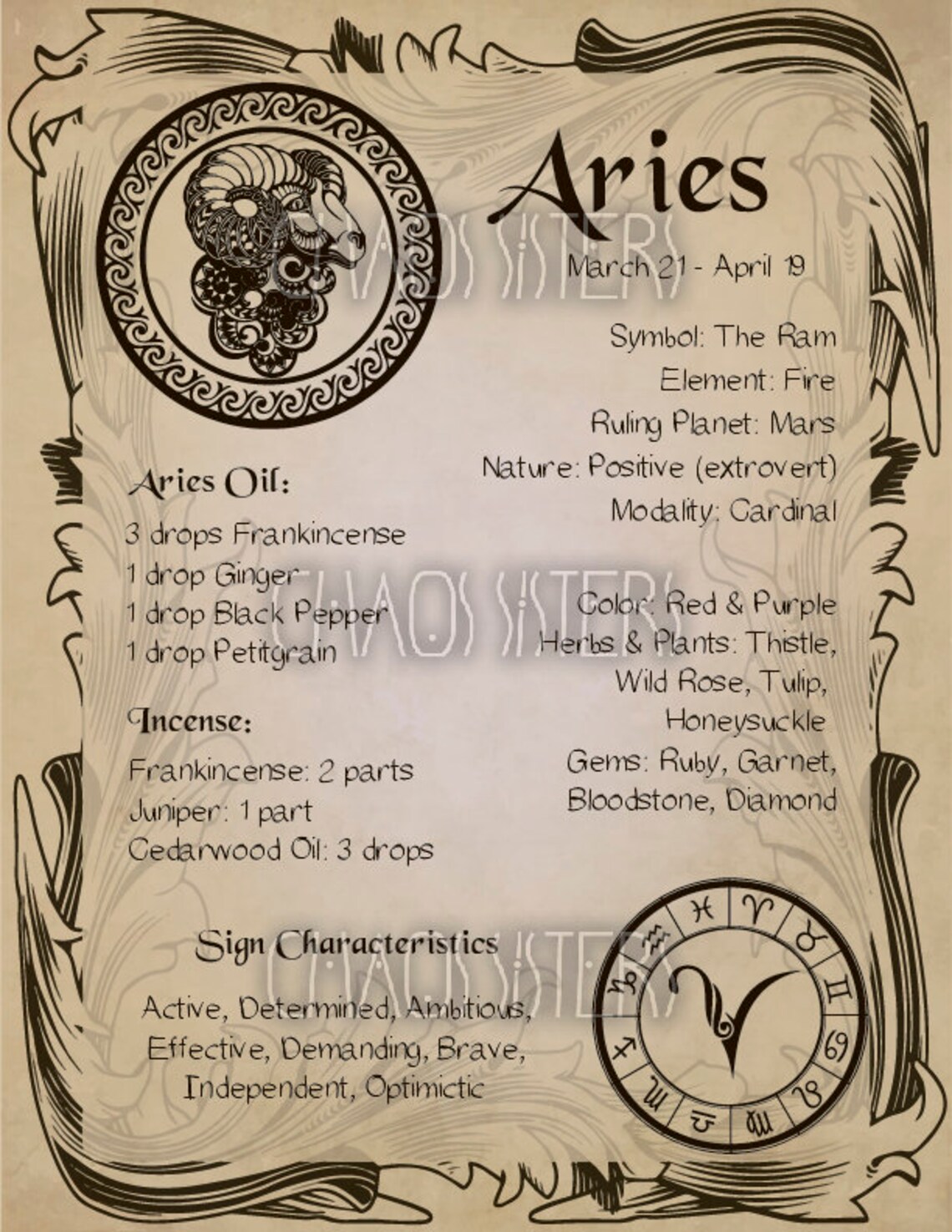 Aries Zodiac Sign Book of Shadow Printable PDF page Wicca Etsy