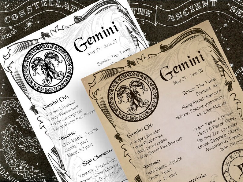 Gemini Zodiac Sign Book of Shadow Printable PDF Page Wicca Etsy