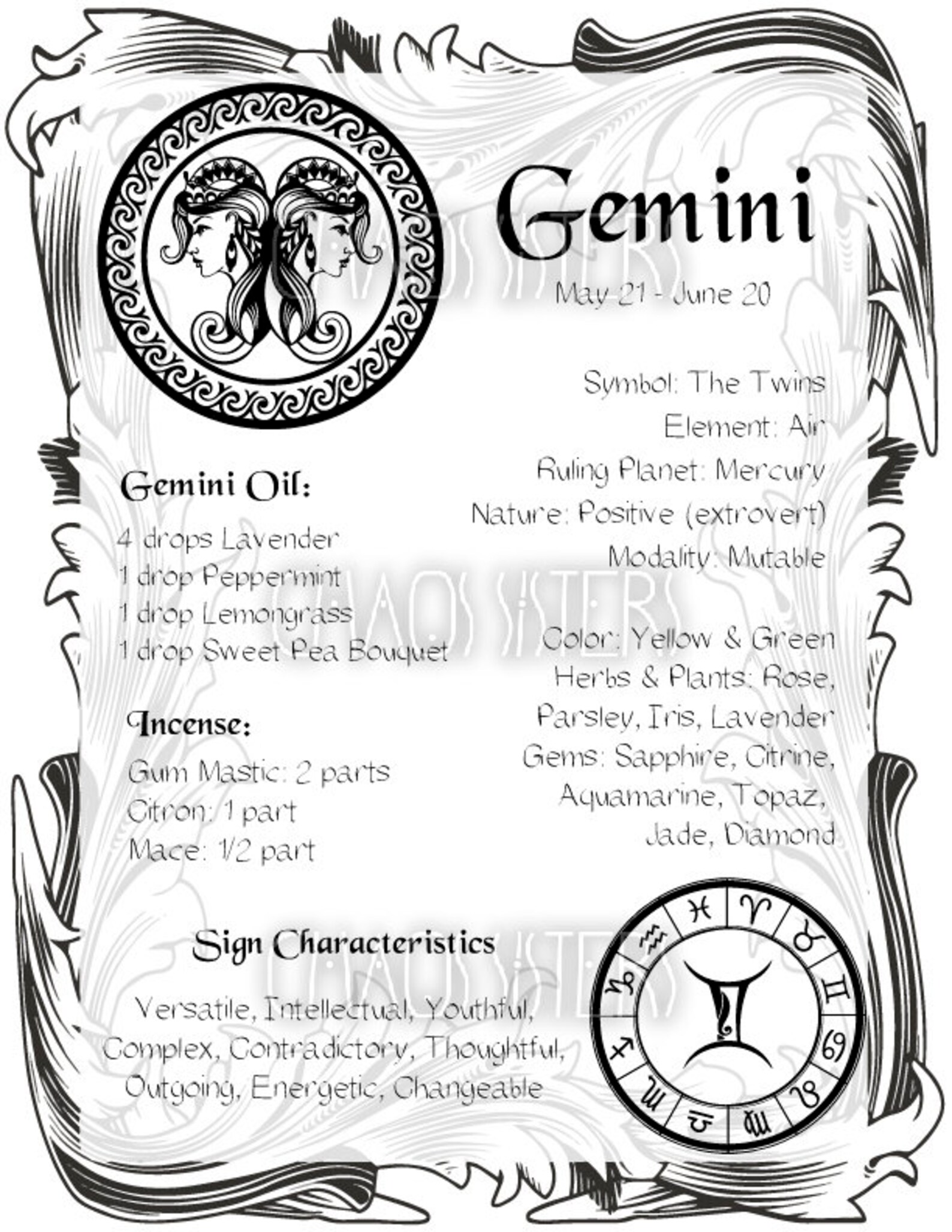 Gemini Zodiac Sign Book of Shadow Printable PDF Page Wicca Etsy Australia