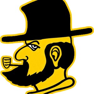 Pode incluir: Uma ilustração de desenho animado de um homem com um chapéu-coco preto, barba preta e um cachimbo. O rosto e o chapéu do homem são delineados em preto, e o resto da imagem é amarelo.