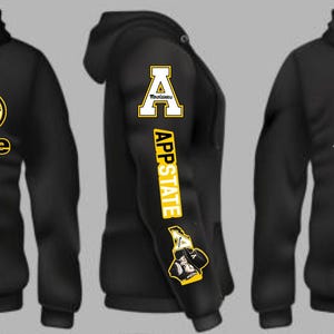 May include: Black hooded sweatshirt with multiple designs. The back features "Uncle of the Graduate" text and a logo. The left sleeve has "A" and "APPSTATE" text. The front displays "Appalachian Mountaineers" text and a logo. The sweatshirt has a front pocket.