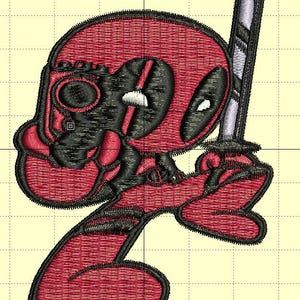 以下が含まれることがあります： 赤いと黒い刺繍のワッペンで、剣を持った漫画のキャラクターが描かれています。キャラクターは赤と黒の服を着ており、黒いマスクと白い目をしています。