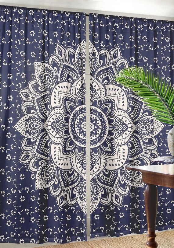 Blue Gold Ombre Mandala Tapestry Window Treatments Panels Etsy