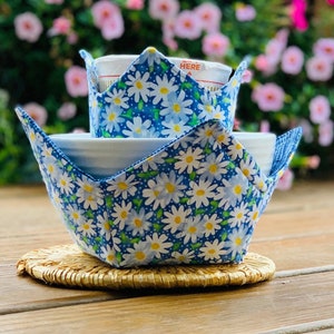 Microwave Bowl Cozy Holder In 3 Sizes, Soup Bowl & Pint Size, Dinner Plate Size, Single or By The Set,  Reversible Bowl Cozy