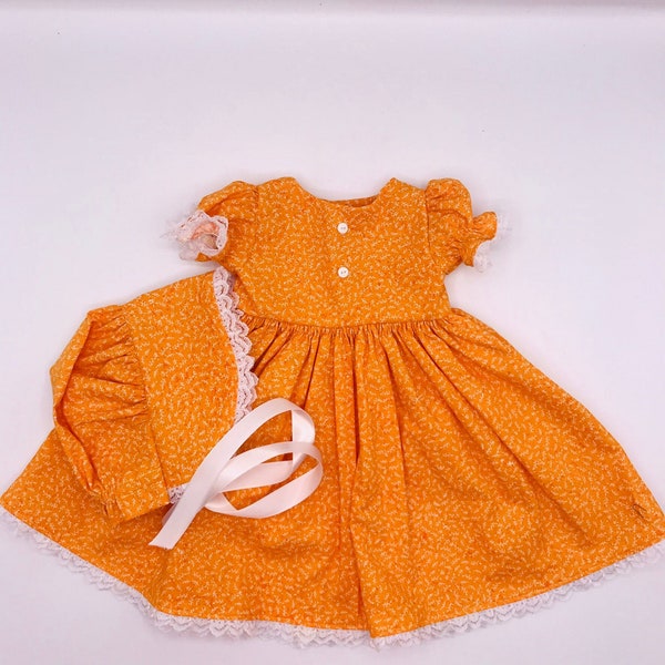 Orange w Lace Pioneer Doll Dress with Bonnet, Handmade Outfit For 18 Inch Dolls