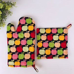 Oven Mitt and Potholder, Apples and Gingham Print, Baking Gift Set, Or Individual Pieces