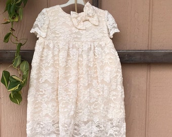 3 Piece Holiday Cream Lace Baby Dress, Bloomers, And Matching Headband Soft Cream Beautiful Lace